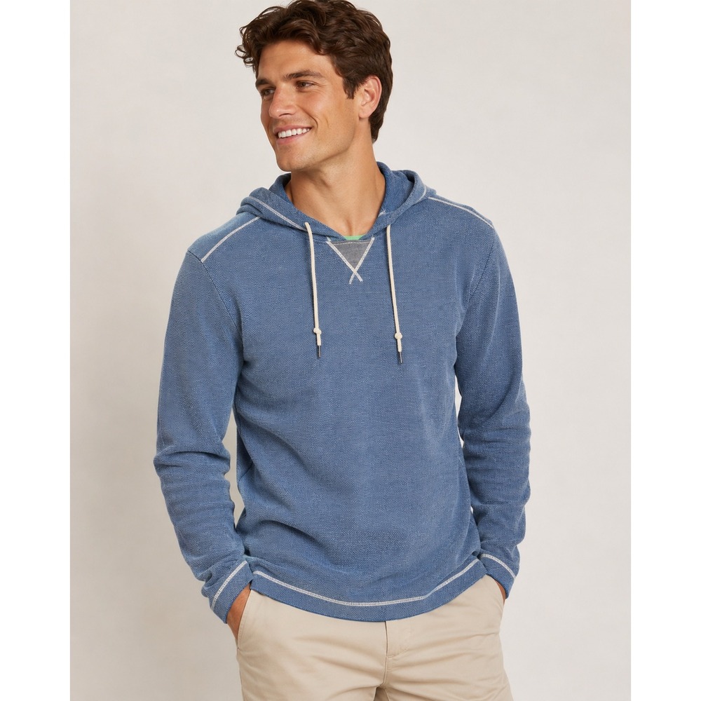Tommy Bahama Mens Large Blue Waffle Knit Contrast Stitch Pullover Hoodie L/G